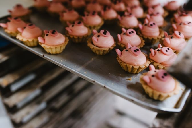 Tray with pig shaped desserts in bakery