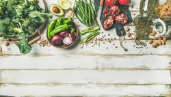 Prepped fresh vegetables and fruits for cooking