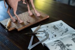 Close up of sculpted horse feet next to clay tools and anatomy book