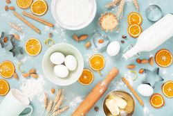 Raw ingredients for baking on the blue table