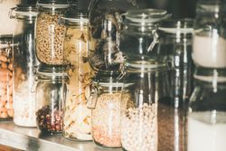 Rustic kitchen food storage arrangement, close up