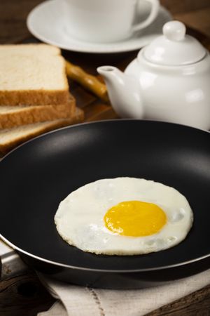 Breakfast with fried egg in the frying pan.