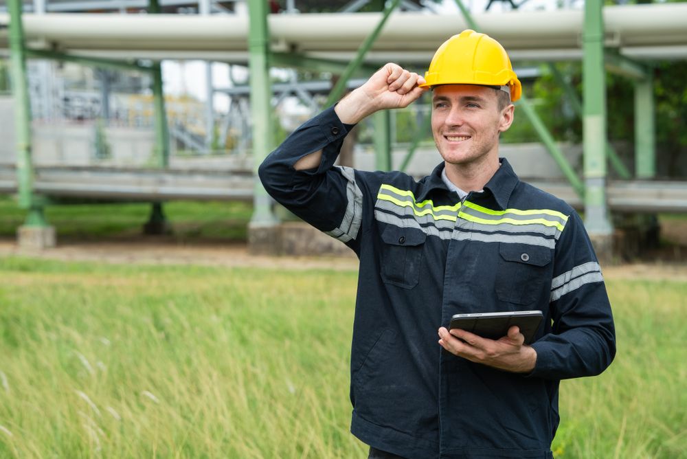 Refinery oil engineer worker in protection hardhat with digital tablet inspecting at petrochemical factory.