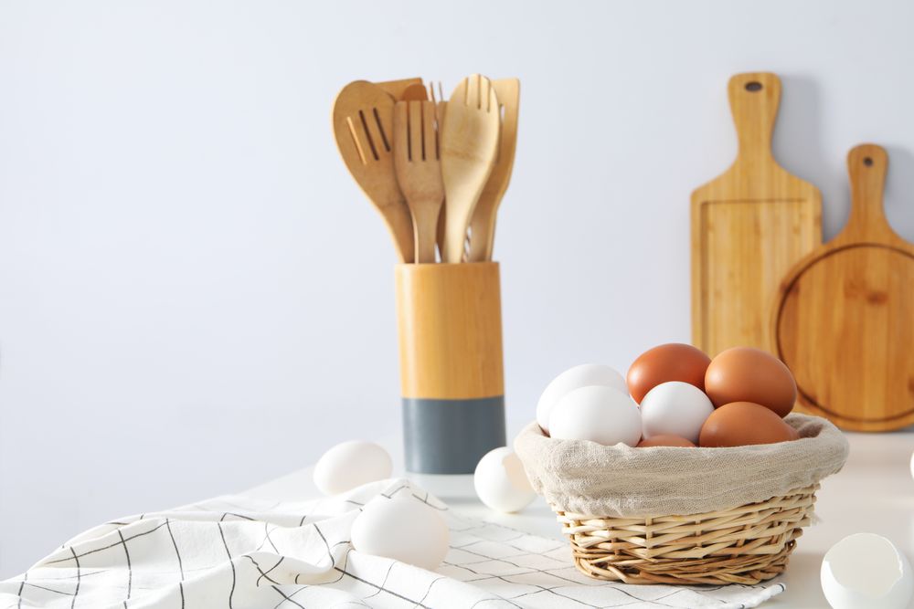 Concept of fresh and natural farm product - eggs, space for text