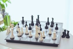 Set of chess pieces and pawns placed on board