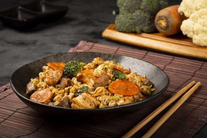 Yakisoba noodles. Yakisoba dish with meat, chicken and vegetables.