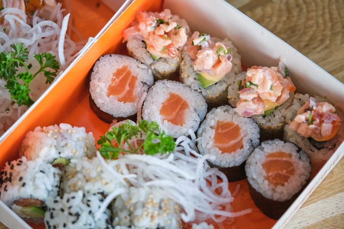 Set of sushi rolls with fish