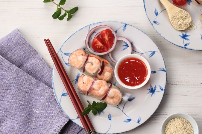 Top view plate of spring rolls