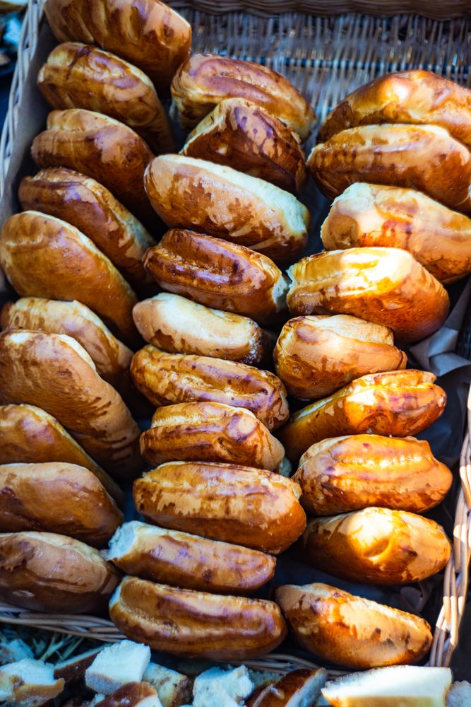 Freshly baked buns for sale at bakery