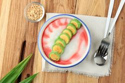 Top view of es pisang ijo, Indonesian dessert