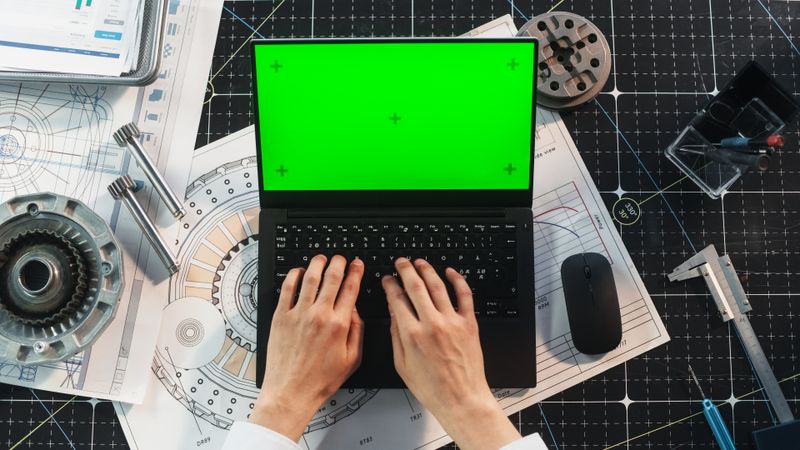Anonymous Engineer Typing on a Laptop Computer with Mock Up Green Screen Chromakey Display with Motion Tracker Placeholders. Scientist Corresponding with Work Partners by Email. Top Down View