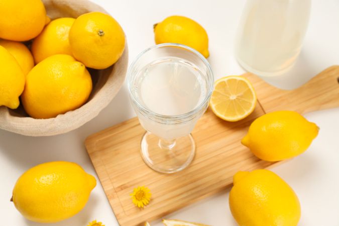 Concept of tasty drink, Limoncello, Italian lemon liqueur