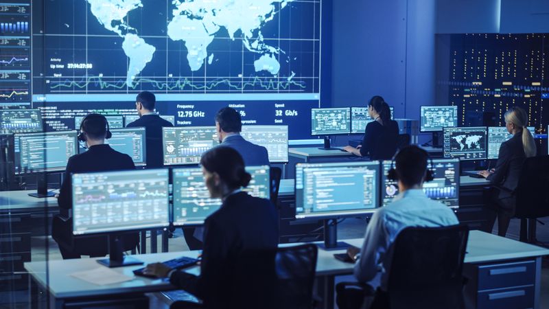 Technicians Monitor Global Data in Futuristic Control Room.