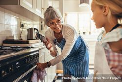 Smiling older woman in apron opening the oven door 4mR7ob
