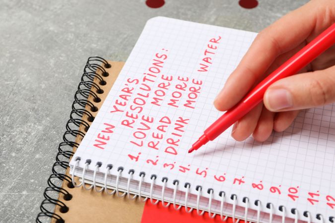 Concept of New Year Resolutions list, new year goals, close up