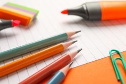 Composition with school supplies on color background, closeup