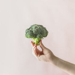Woman hand holding whole raw green broccoli at pale beige wall background
