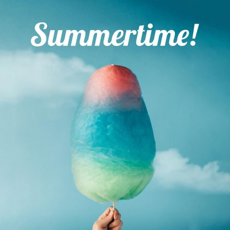 “Summertime!” with cotton candy on sky background