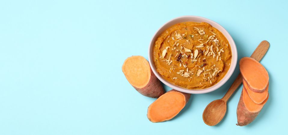 Concept of tasty food, sweet potato puree, space for text