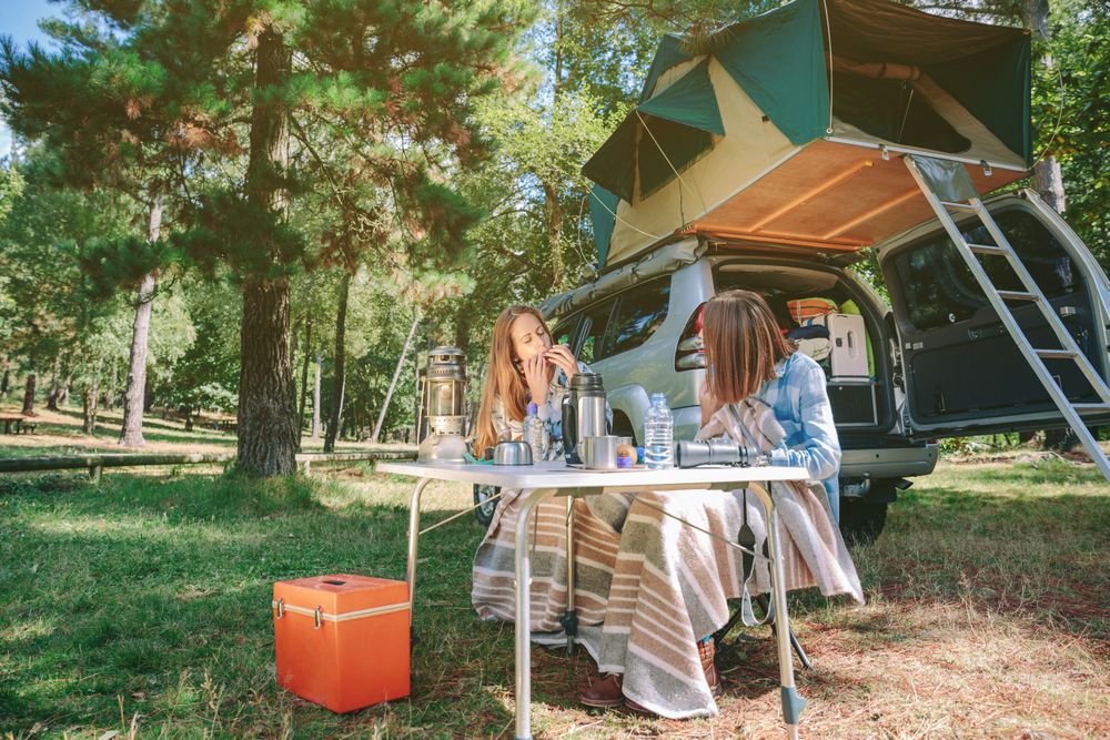 Woman playing harmonica with friend in campsite