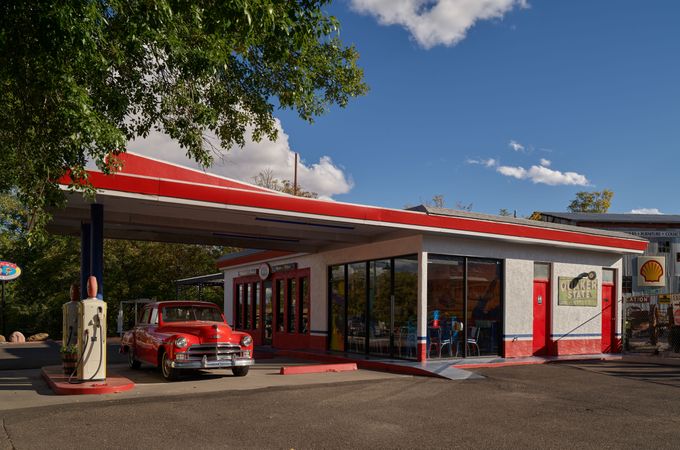 Retro 1950’s-style drive-thru  with classic red car