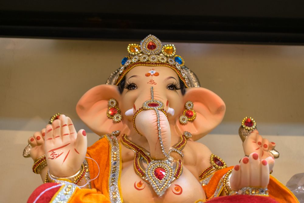 A beautiful idol of Lord Ganpati on display at a workshop in Mumbai, India for the festival of Ganesh Chaturthi