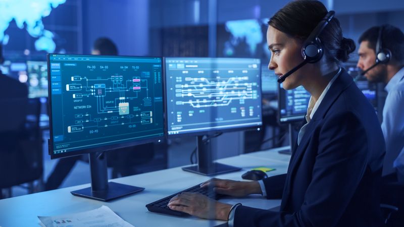 Network Specialist Monitors Complex System Diagrams on Dual Screens in Dimly Lit Control Room.