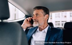 Mature man with grey beard taking a call in backseat of car 0gDP85