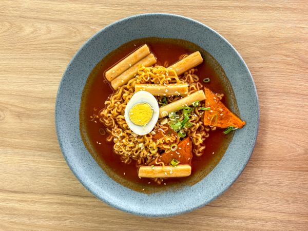 Korean Ramen with Egg and Tteokbokki Top View