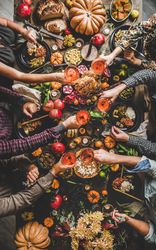 Group of people toasting with wine at festive table with roast chicken, squash, vertical composition