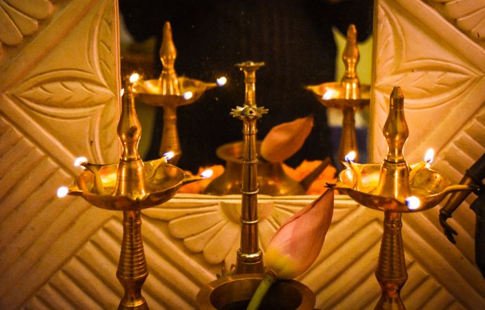 Lit golden Diyas for Diwali celebration
