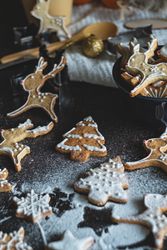 Sprinkled powdered sugar over holiday ginger cookies