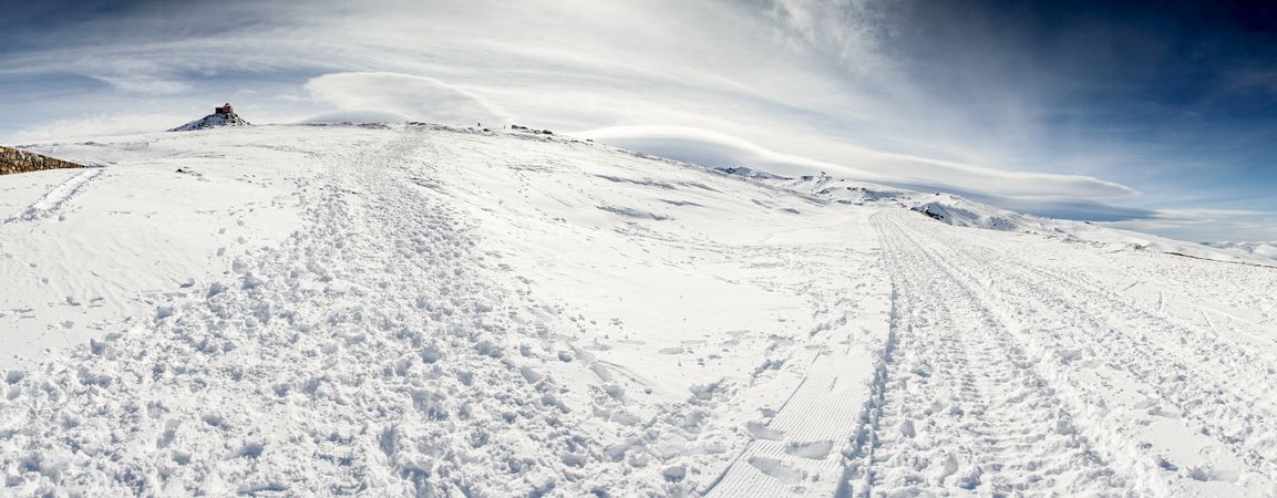 Tracks in the snow in Sierra Nevada ski resort