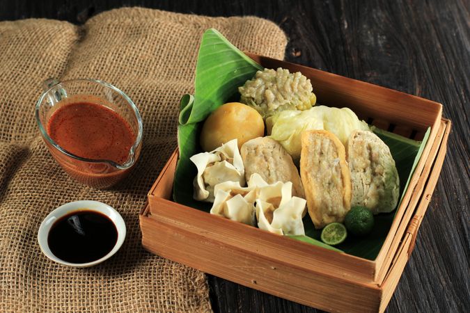 Box of steamed dumplings, Baso Tahu Indonesian street food