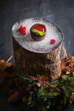 Tasty lava cake with red currant jam