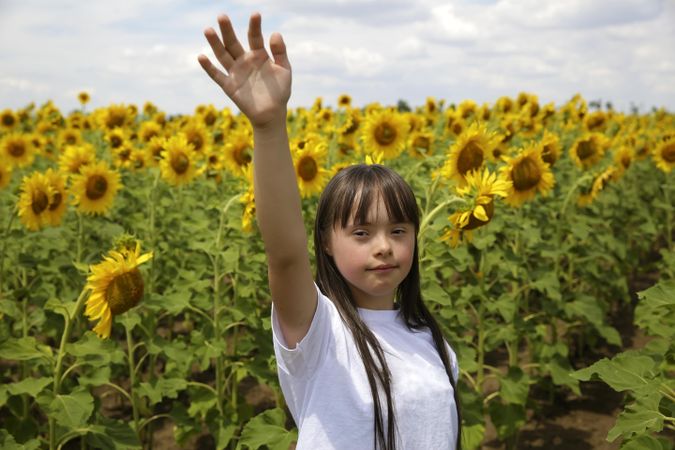 Young female child standing in a field of sunflowers