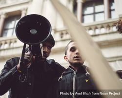 London, England, United Kingdom - June 6th, 2020: Two men at BLM protest with loudspeaker and signs 426Q74