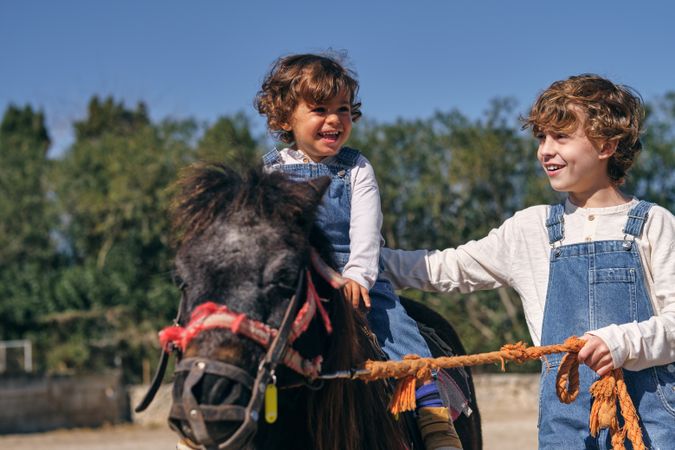 Happy little brothers riding pony in countryside