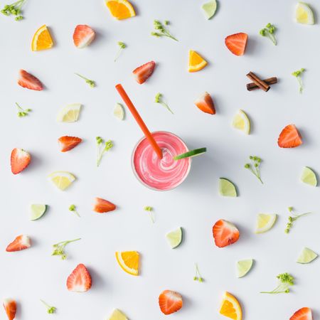 Pattern with strawberry, lime, oranges, leaves and smoothie
