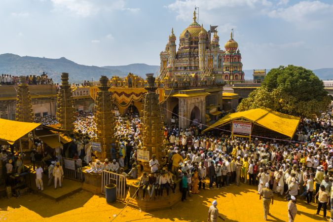 Jejuri, Maharashtra, India - Dec 30, 2024: Palkhi of Lord Khandoba at the famous and beautiful Khandoba temple at Jejuri during the festival of Somvati Amavasya