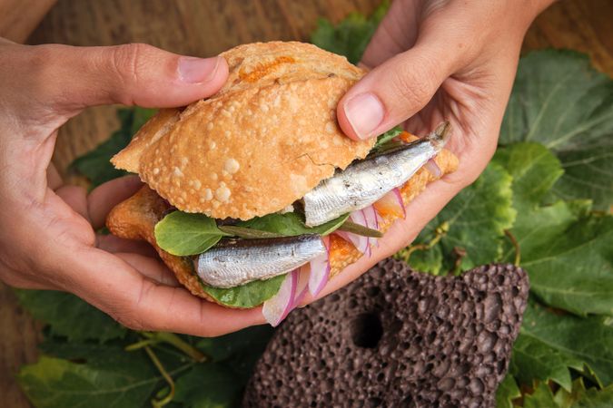 Hands grabbing a traditional harvest sandwich