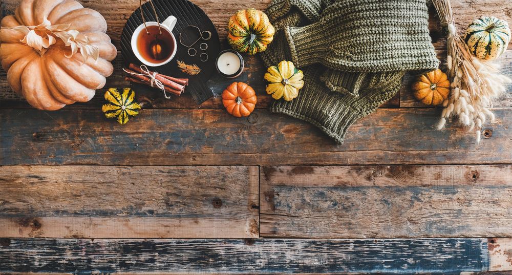 Flat-lay of dark green knitted sweater, and autumnal accessories, top view, copy space