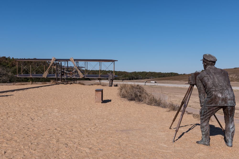 Bronze statues, Wright Brothers National Memorial in Kill Devil Hills, North Carolina