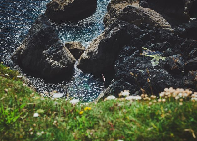 Shot looking down at rocks in the sea from a green cliff
