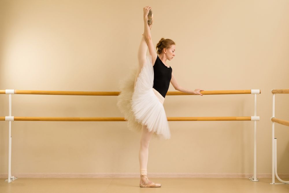 Ballet dancer holding a high leg extension