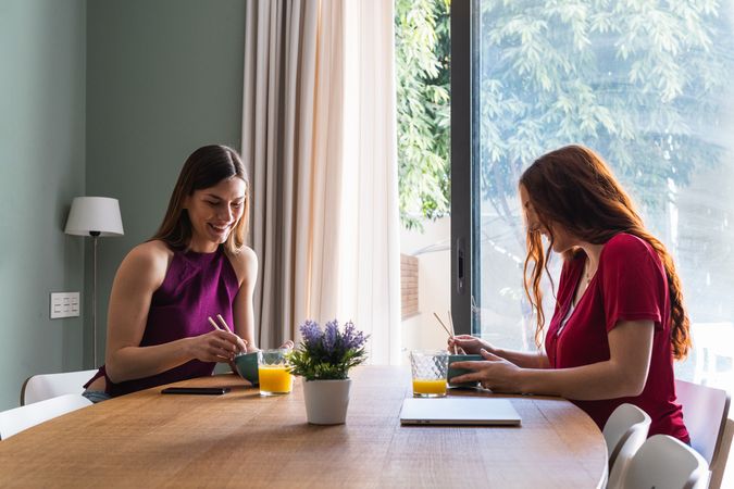 Cheerful women having lunch together in modern apartment