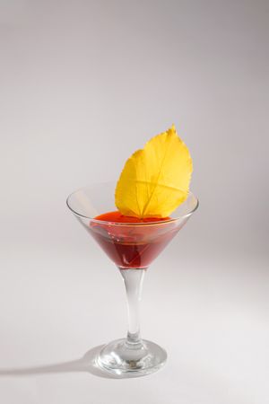 Red cocktail garnished with yellow autumn leaf, vertical