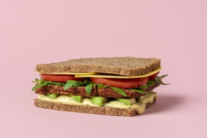 Vegan sandwich close-up isolated on a pink background