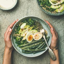 Healthy vegetarian breakfast bowls flat-lay