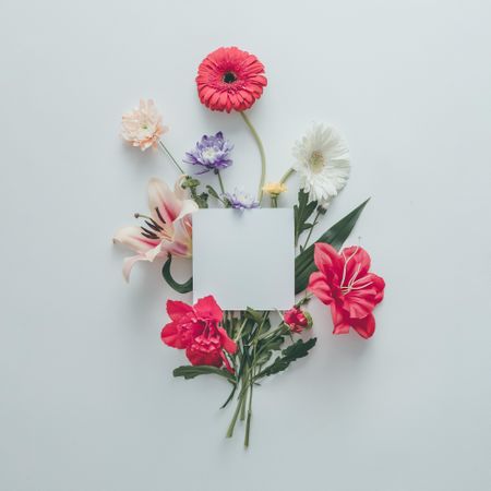 Creative layout made of various flowers with ligh paper card